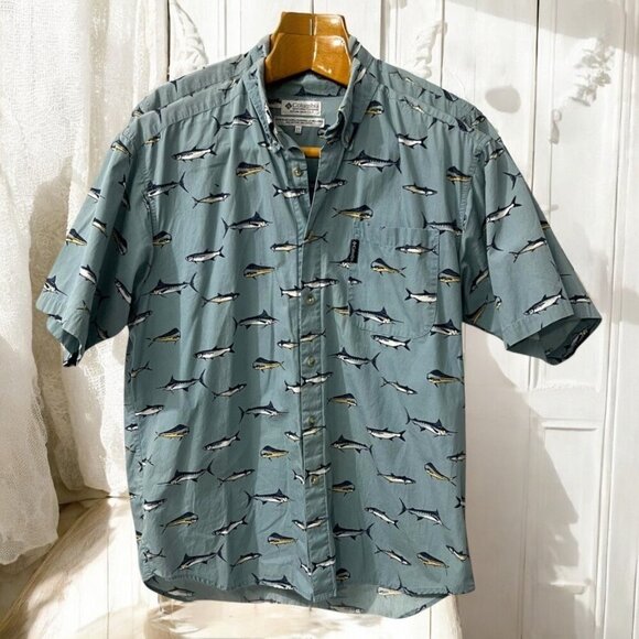 Columbia Men's Short Sleeve Button-Up Shirt With Fish Print Light Blue XL - Picture 1 of 9